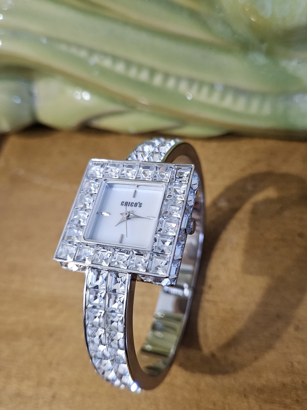 Chico's Silver Crystal-Accent Square Bangle Watch